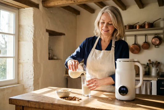 Femme dans sa cuisine préparant un lait végétal avec le Vitamixia