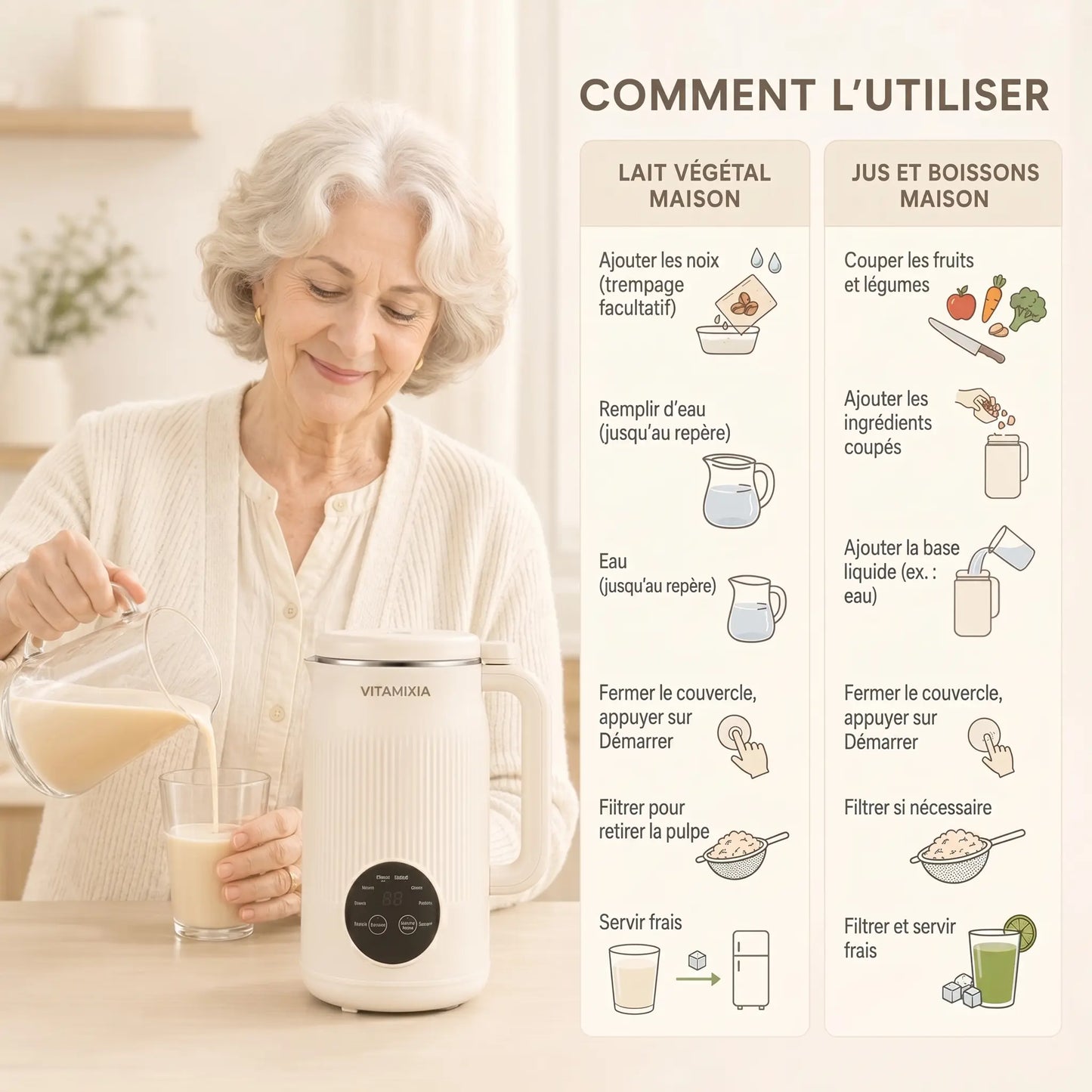 VitaMixia - Multifonction 8-en-1 Pour Préparer Du Lait Végétal , Des Jus & Bien Plus .