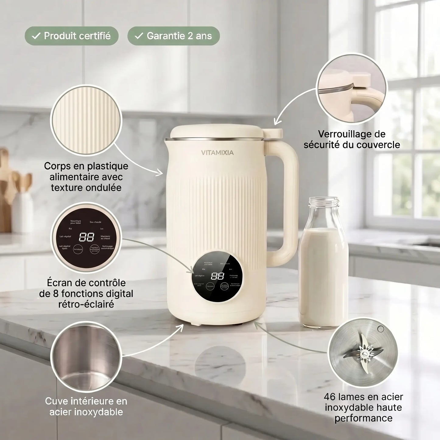 VitaMixia - Multifonction 8-en-1 Pour Préparer Du Lait Végétal , Des Jus & Bien Plus